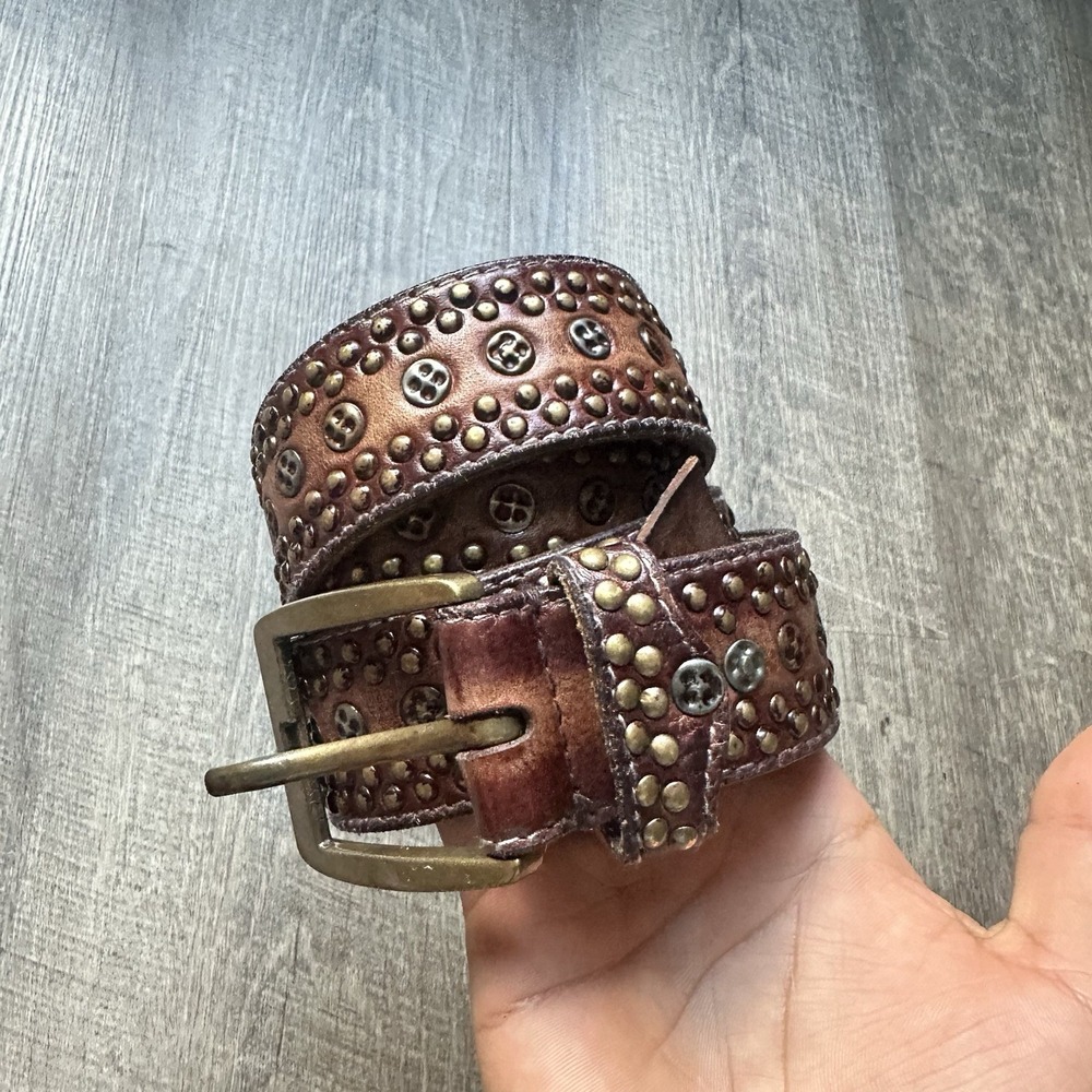 amsterdam heritage Brown leather belt Blue Metal Studs Sundance Catalog 85